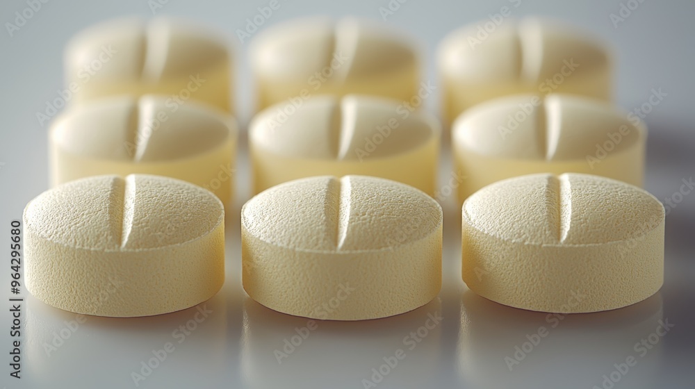 Poster close-up of yellow tablets arranged neatly on a reflective surface with soft lighting