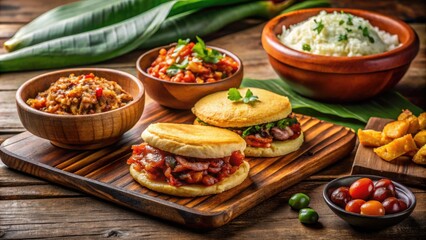 Venezuelan Cuisine At A Traditional Restaurant Including An Arepa, Tequeños, And Pabellón Criollo