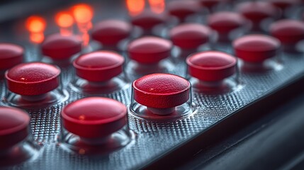 Close-up of vibrant red buttons on a control panel illuminated by warm ambient lighting in a dim workspace setting