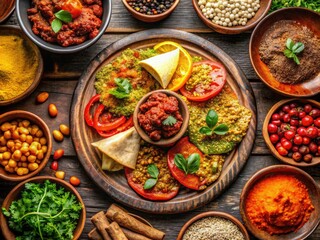 Vibrant And Aromatic Ethiopian Food Spread On A Traditional Injera Flatbread, Surrounded By Colorful Spices And Utensils