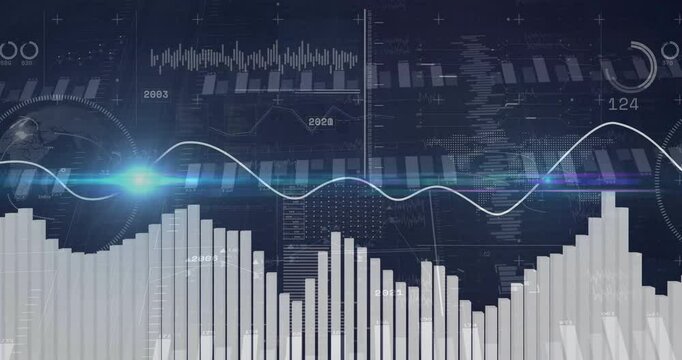Animation of statistics and digital data processing over dark background