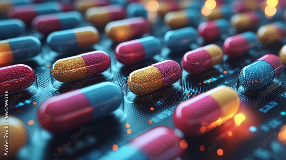 Poster Colorful capsules arranged in a grid on a dark surface, illuminated by soft lighting creating an intriguing atmosphere