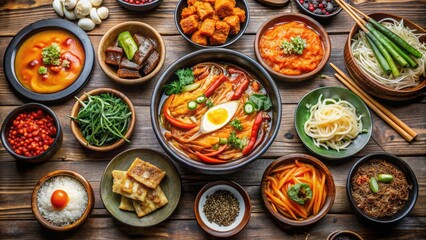 Vibrant And Colorful Spread Of Traditional Korean Dishes Arranged On A Wooden Table, Including Kimchi, Japchae, Tteokbokki, And Bibimbap.