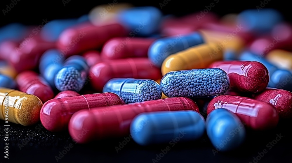 Poster close-up view of colorful capsules scattered on a dark surface, depicting various shapes and sizes o