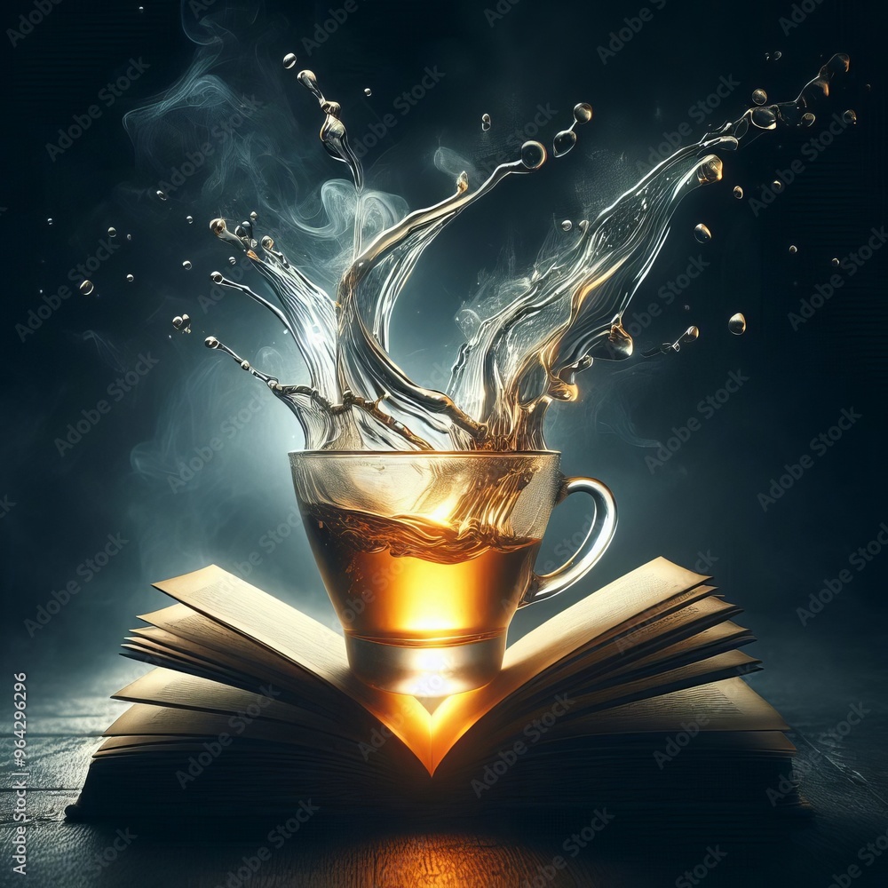 Poster a steaming cup of tea rests on an open book against a dark background, creating a warm and inviting 
