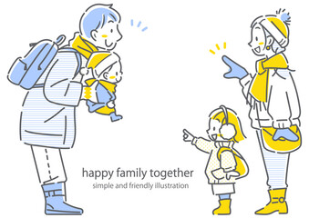 冬のお出かけを楽しむ四人家族　シンプルでお洒落な線画イラスト