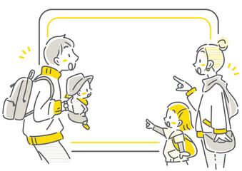 お得な情報に驚く旅行中の四人家族　シンプルでお洒落な線画イラスト