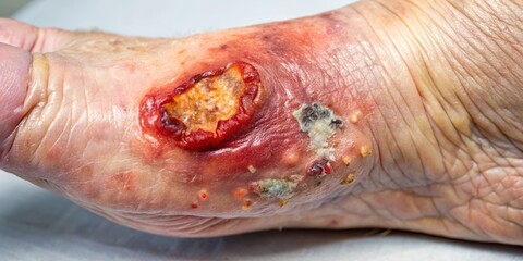 "Close-up of a chronic diabetic foot ulcer with granulation tissue, redness, and foul odor, requiring medical attention for prevention of amputation"