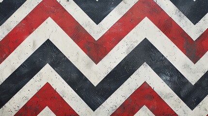 A close-up of a weathered chevron pattern painted in red, white, and black.