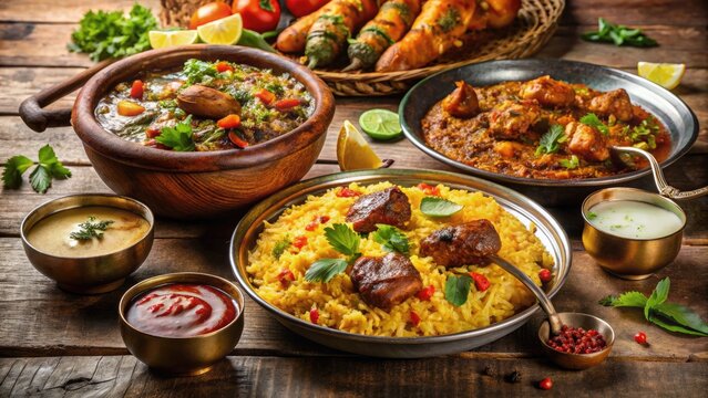 Vibrant arrangement of traditional Pakistani cuisine, including steaming basmati rice, flavorful biryani, tender kebabs, and rich curries, set against a warm, inviting background.