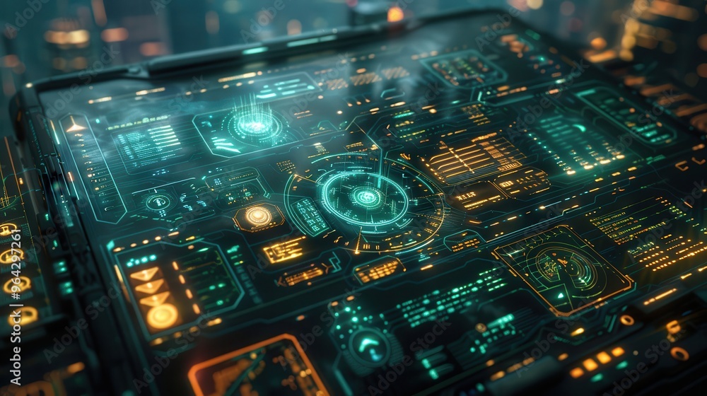 Poster futuristic control panel featuring glowing interfaces and intricate details, perfect for technology 