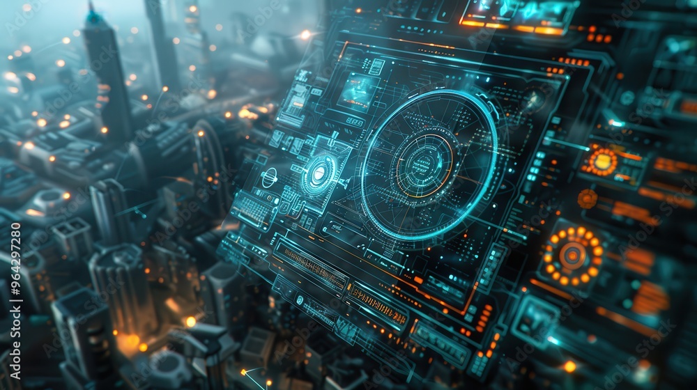 Poster futuristic digital interface overlaying a cityscape, featuring glowing elements and complex technolo