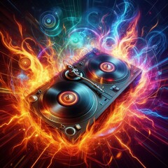 A dynamic image of DJ turntables enveloped in vibrant flames and electric sparks. The intense energy and bright colors capture the excitement and thrill of music and performance, ideal for party, club