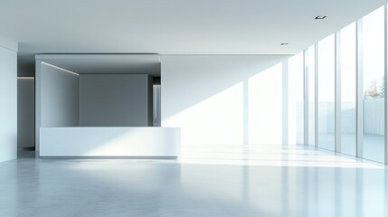 Bright minimalist interior with large windows, white walls, and modern design. Sunlight illuminates the room, creating a serene atmosphere.