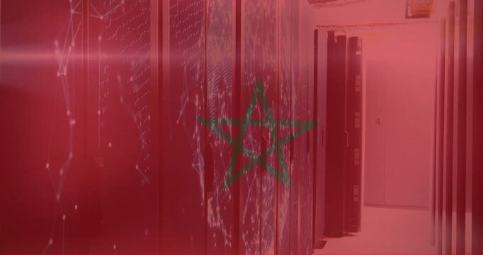 Animation of flag of french morocco and digital data processing over computer servers