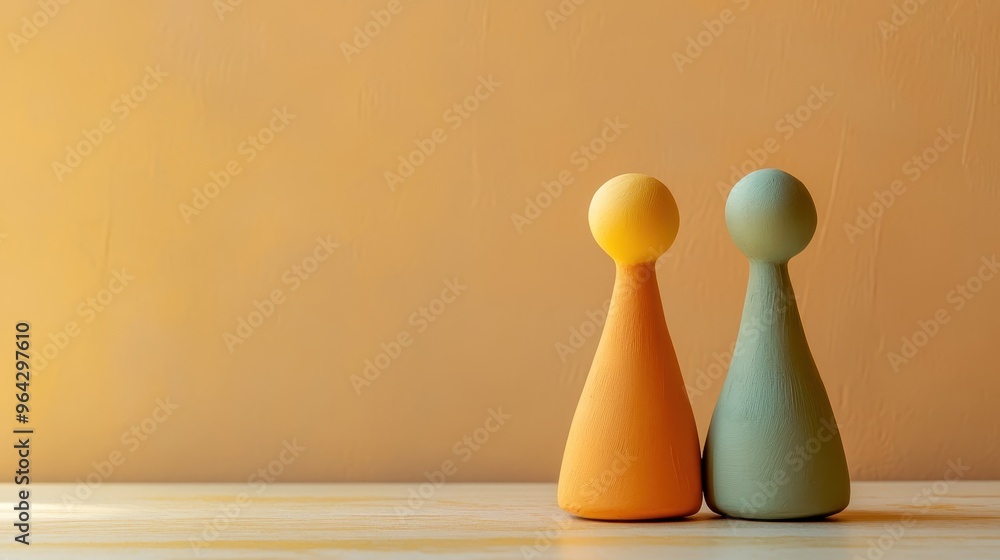 Aufkleber minimalistic image of two colorful wooden figures on a light surface with a gradient background, sym