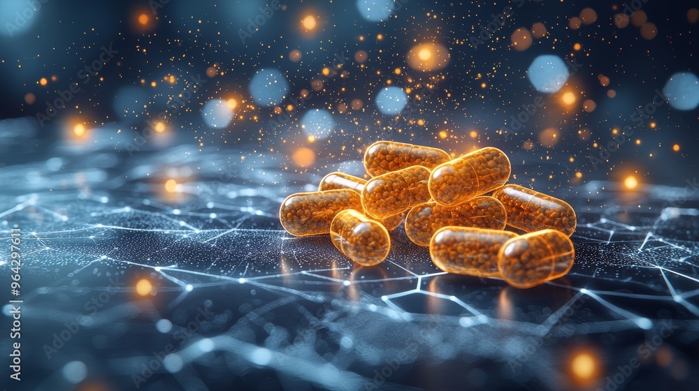 Poster capsules reflecting abstract light effects on a dark surface, creating a vibrant and dynamic atmosph