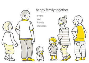 幸せな三世代ファミリーの後ろ姿　シンプルでお洒落な線画イラスト
