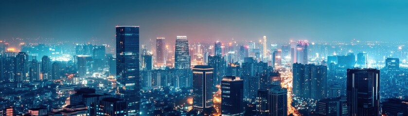 Stunning panoramic view of a cityscape at night with illuminated high-rise buildings and vibrant lights, showcasing urban beauty and architecture.