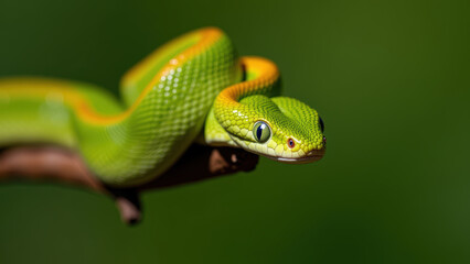 Fototapeta premium Green Snake Displaying Different Shades of Green and Yellow Patterns on Its Scales
