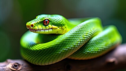 Fototapeta premium Detailed Image of a Green Snake’s Head Highlighting Textured Skin and Calm Demeanor