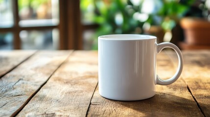 White ceramic mug on wooden table in cozy cafe setting with blurred background and plants. Perfect for morning coffee or tea time.
