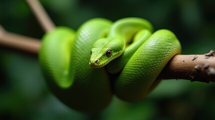 Close-Up of a Green Snake&rsquo;s Head with Emphasis on Its Textured Skin and Calm Expression