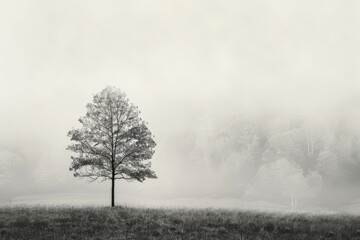 Solitary tree in misty landscape, capturing the serene beauty of nature's simplicity in a monochromatic setting.