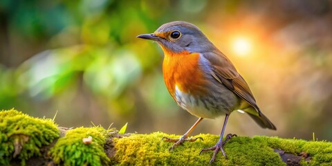 Vibrant brown-backed robin perches on a mossy stone wall, cocked head and bright inquisitive eyes scanning its surroundings amidst lush greenery in morning light.