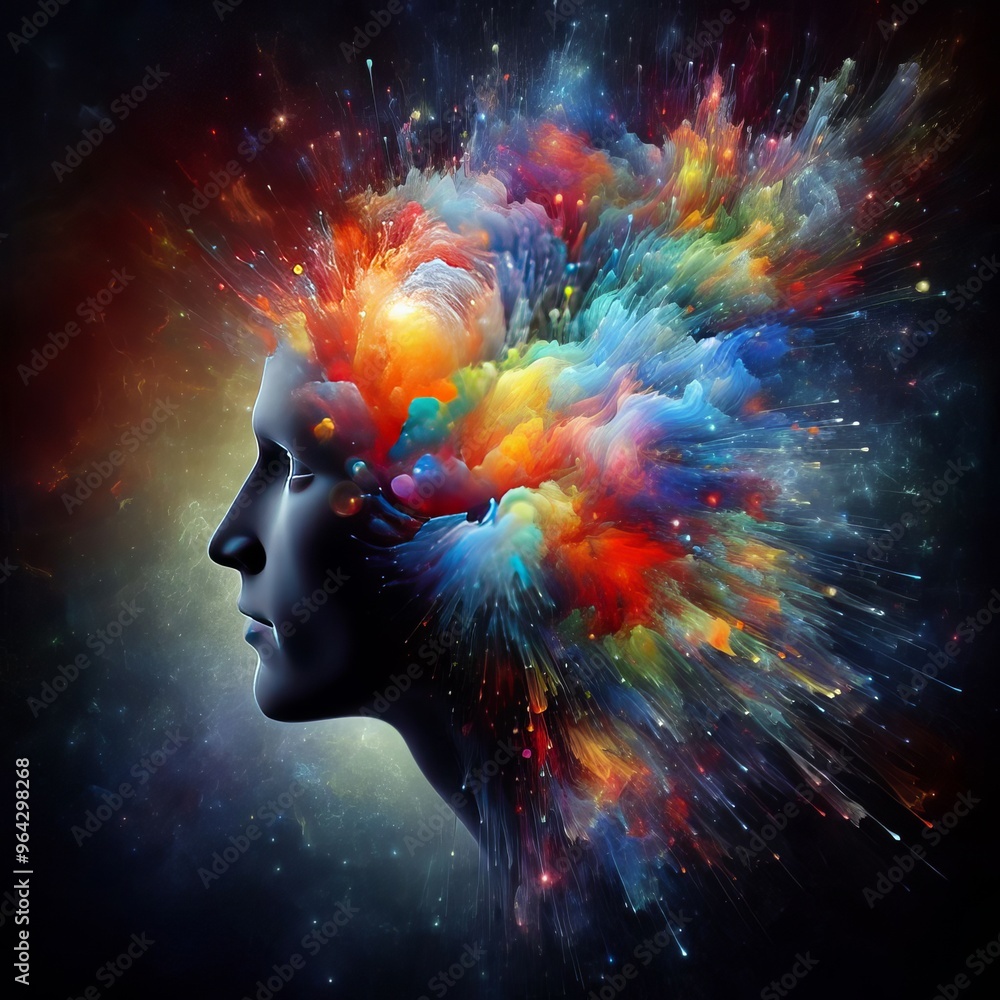 Poster a striking abstract image of a human profile with a vibrant explosion of colors emanating from the h