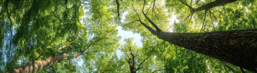 Fototapeta premium Panoramic view of a lush green forest canopy, with tall trees and sunlight filtering through, creating a serene and beautiful natural scene.