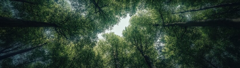 Fototapeta premium Looking up into a lush green forest canopy with sunlight filtering through the leaves, creating a peaceful and serene atmosphere.