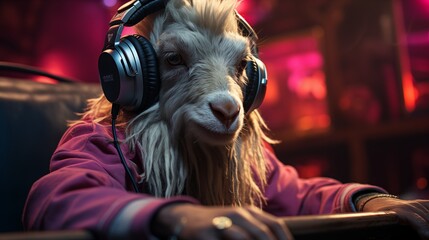 Obraz premium goat with bright neon illumination listening to music in headphones in dark nightclub