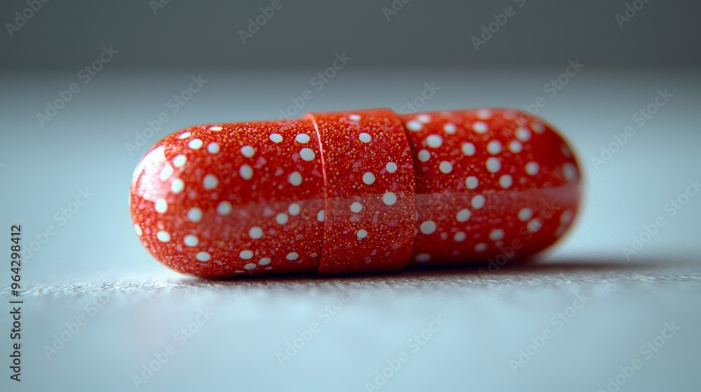 Poster close-up view of a red and white speckled capsule resting on a light surface, illustrating a common 