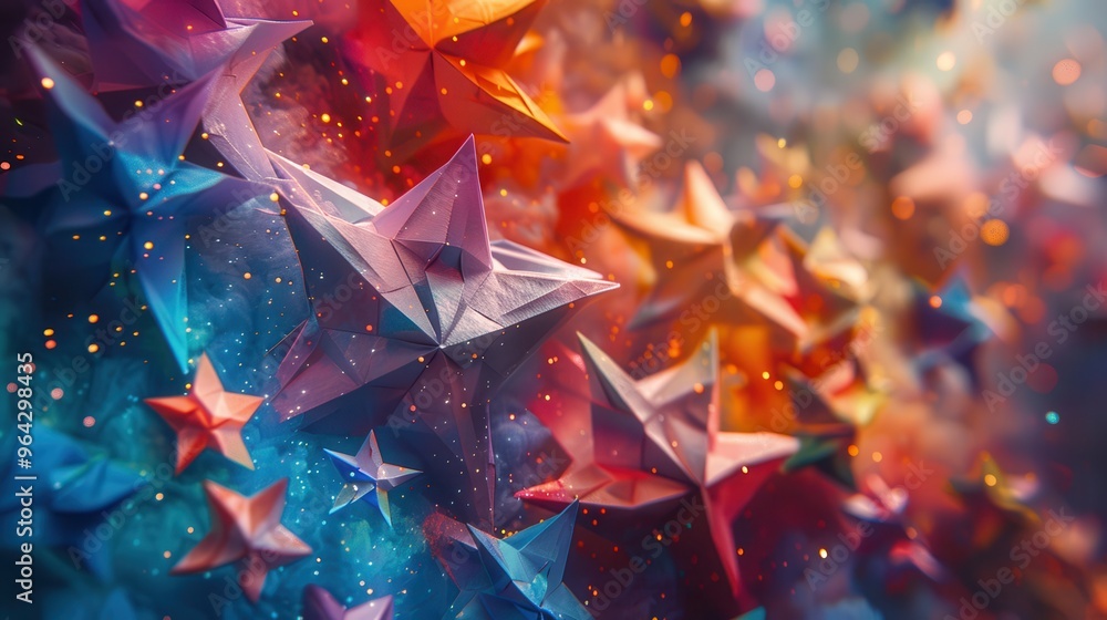 Poster vibrant abstract background featuring colorful stars and geometrical shapes, creating a dynamic and 
