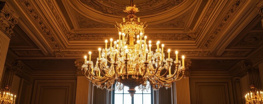 Elegant ornate chandelier hanging from the ceiling of an opulent room with intricate architectural details and warm lighting.