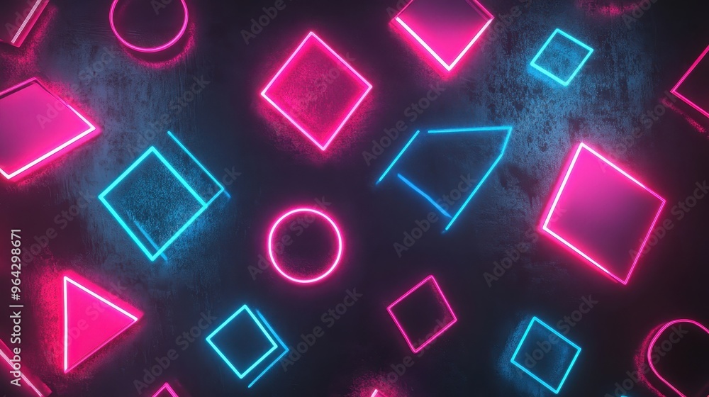 Aufkleber vibrant neon geometric shapes in red and blue against a dark background, creating a futuristic and d