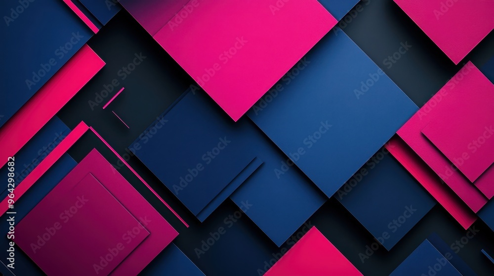 Poster abstract geometric background with overlapping pink and navy blue squares and rectangles, creating a