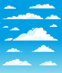 Set of vector clouds in cartoon style. Hand drawn vector illustration isolated on blue background. Illustrations for design and animation.