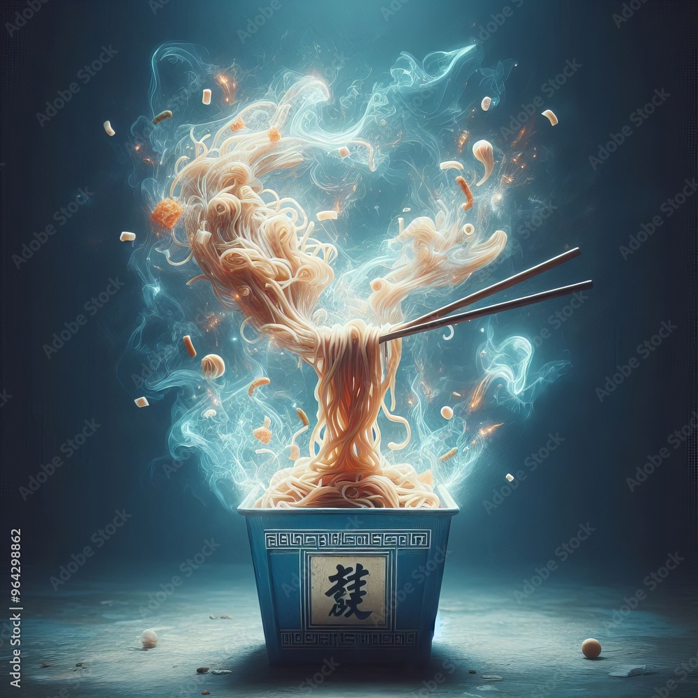 Poster a mesmerizing depiction of floating noodles suspended by chopsticks in mid-air, surrounded by a magi