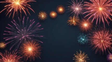 Shimmering firework display illustration. Colorful exploding fire show. Happy new year background