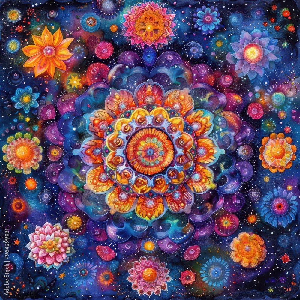 Poster vibrant mandala pattern featuring colorful flowers and intricate designs, creating a mesmerizing vis
