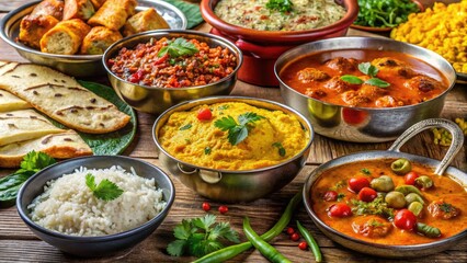 Vibrant colors and aromas abound as a lavish spread of traditional Indian dishes, including basmati rice, naan bread, and curries, cover a beautifully decorated wedding reception table.
