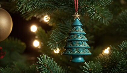 Decorative Christmas tree ornament with festive mood on Christmas tree background 