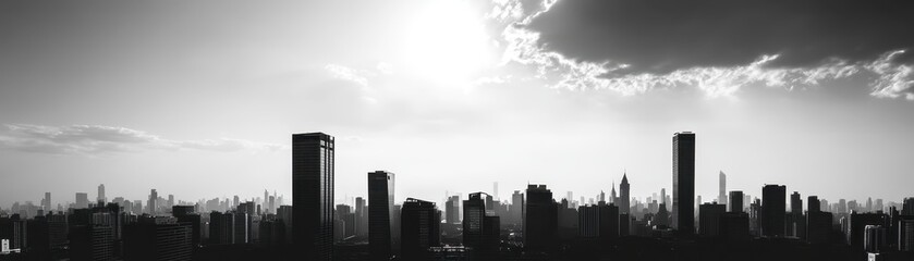 Fototapeta premium Black and white city skyline silhouette with dramatic clouds and bright sun in the background, creating a moody urban atmosphere.