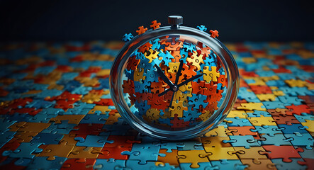 A conceptual depiction of time management as a digital clock with puzzle pieces as the numbers, representing the challenge of fitting tasks together in a fast-paced world
