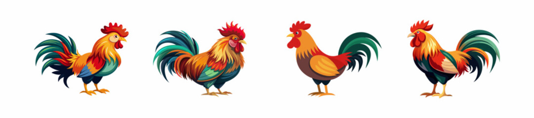 Fototapeta premium Set of four roosters in different poses isolated on a white background. Concept of farm animals, vibrant feathers, rooster designs, chicken farming, cute birds. Print, icon, design element