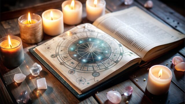 Astrological chart book with candles and crystals in mystical atmosphere