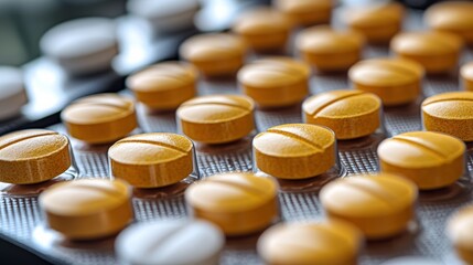 Assorted yellow and white medication tablets arranged in a blister pack on a surface in a clinical setting during daylight