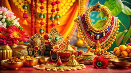 Fototapeta premium Vibrant Display Of Traditional Indian Wear, Ornate Jewelry, And Festive Decorations Against A Colorful Backdrop, Celebrating The Tamil New Year Of 2024.